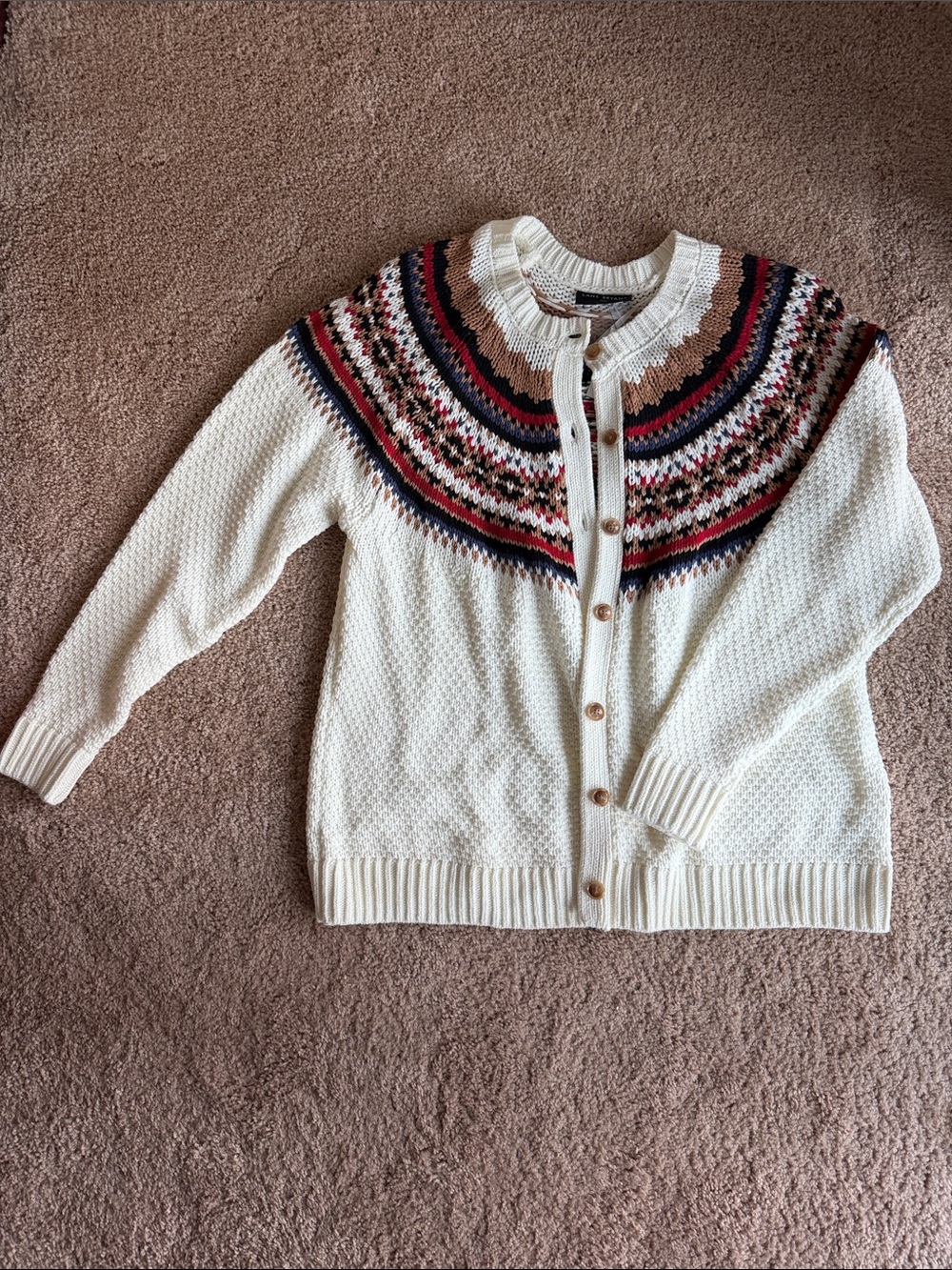 Lane Bryant Cream Fair Isle Button-Front Cardigan with Navy and Red